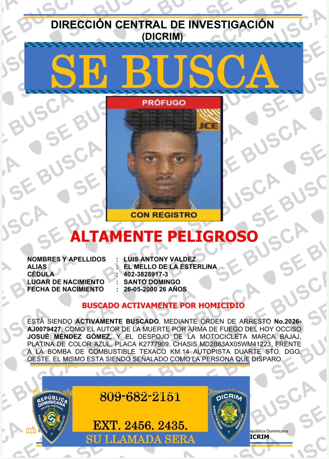 Policía Nacional apresa antisocial y activa búsqueda de otro por muerte de hombre durante asalto en el kilómetro 14 de la autopista Duarte, SDO